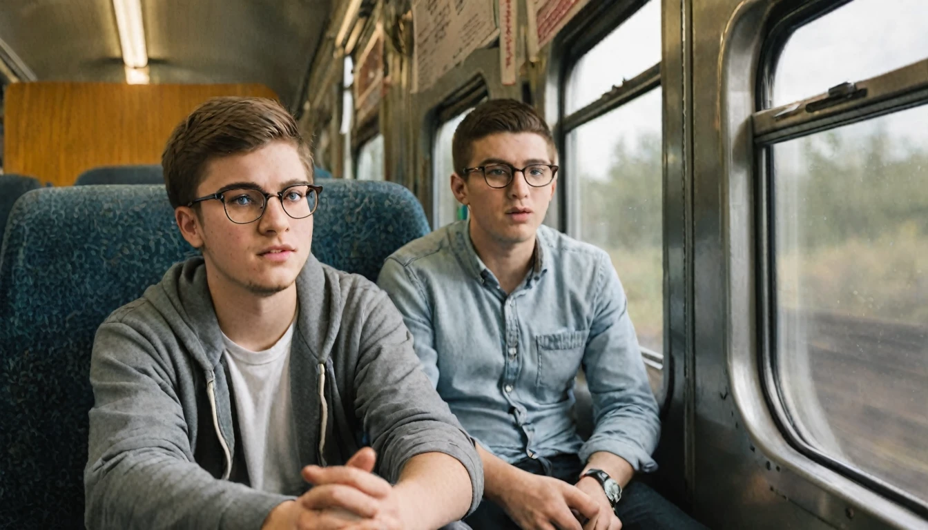 A twenty-year-old young man wearing glasses is sitting on a train, looking out the window His His father  is sitting next to him talking to him 