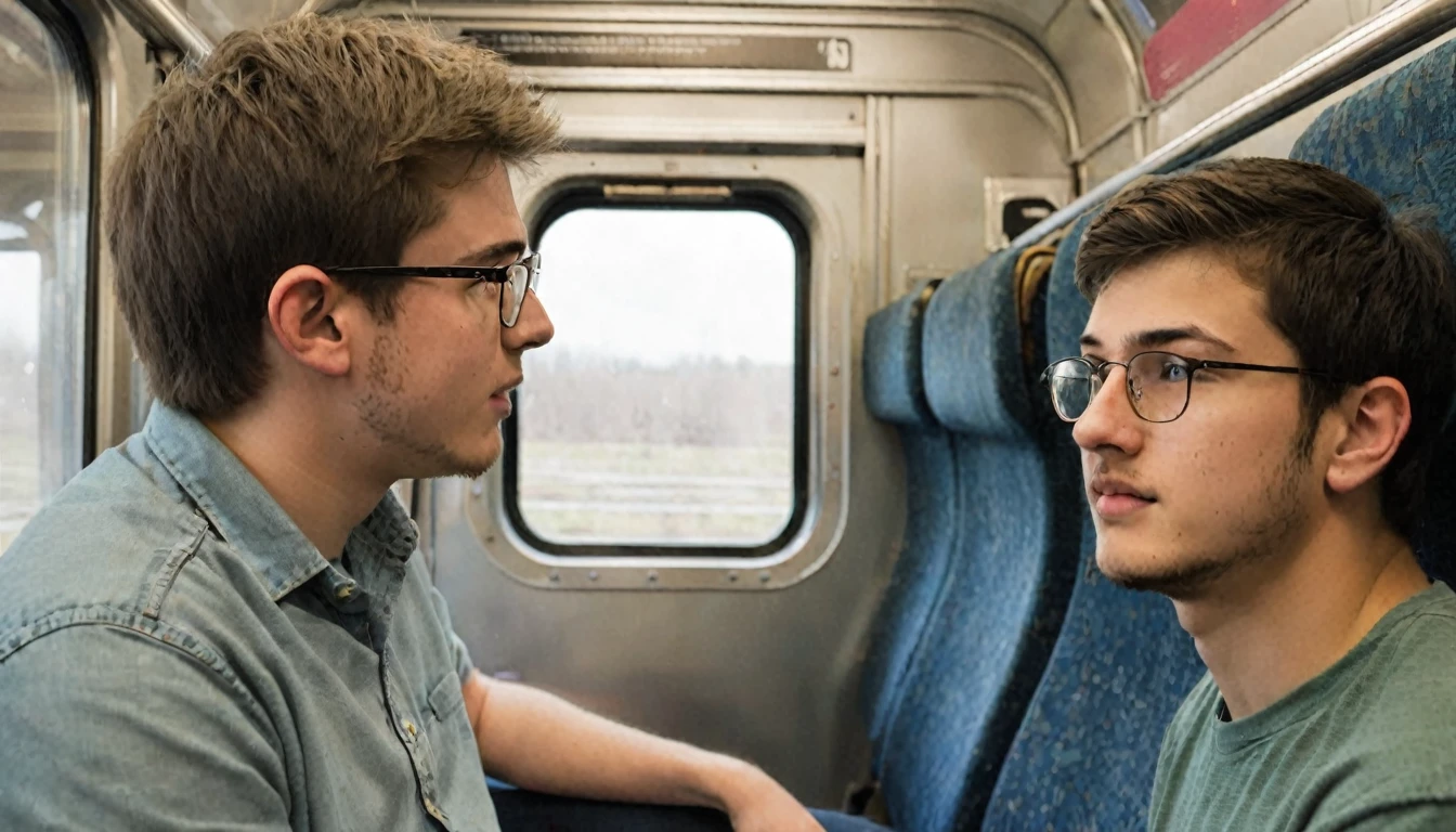 A twenty-year-old young man wearing glasses is sitting on a train, looking out the window His His father is sitting next to him talking to him