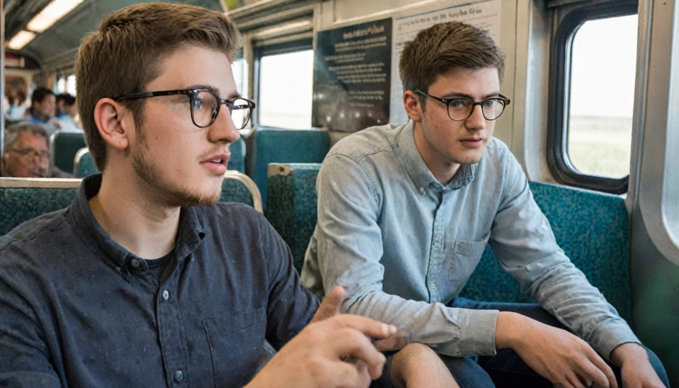 A twenty-year-old young man wearing glasses is sitting on a train, looking out the window His His father is sitting next to him talking to him