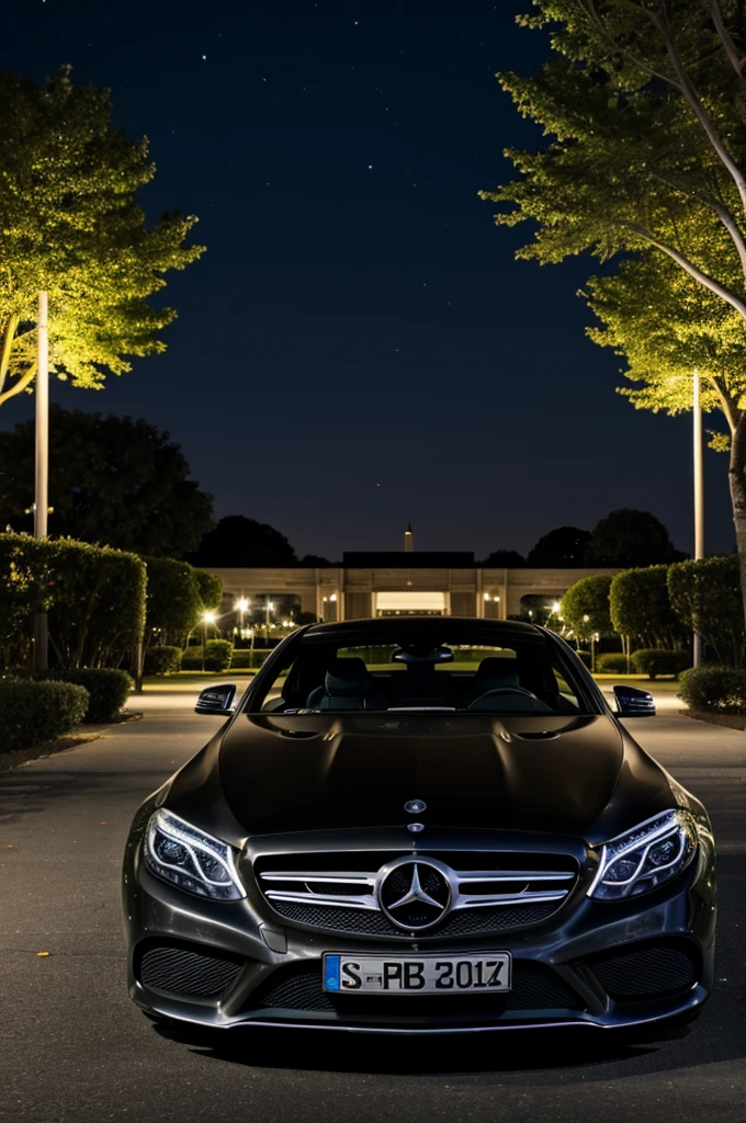 Mockup of an oversized black t-shirt and the background in a park with a Mercedes at night