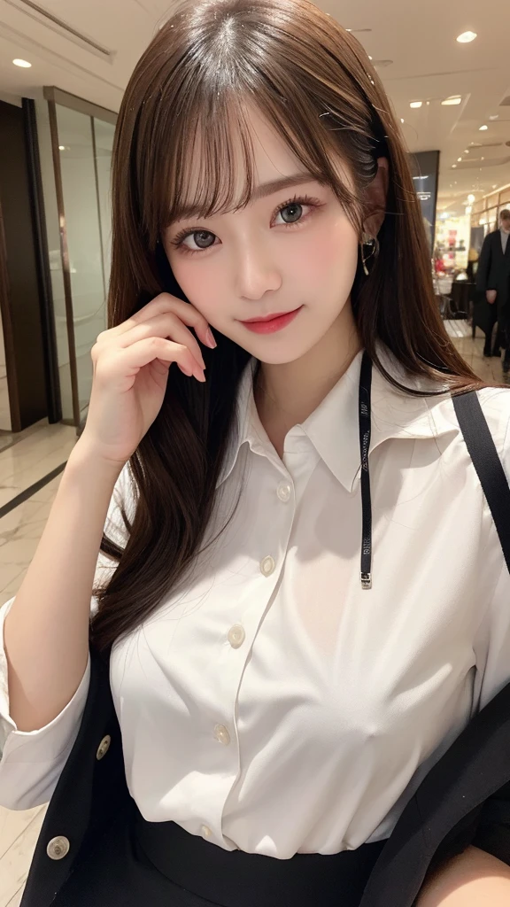 1 person、 detail, High resolution, Highest quality、Beautiful fine details, long hair, Natural color lip、Clear Skin、Shiny Hair、Tabletop, Super detailed, In detail, High resolution, 8K、Cute pose,Beautiful feet,Perfect beautiful face,KPOP idol faces,Ecstatic face、Cute face, collared white shirt、office lady navy suit、Jacket、smile、Shopping mall、Seduce、Close-up of face、Upper Body、Accentuate your breasts