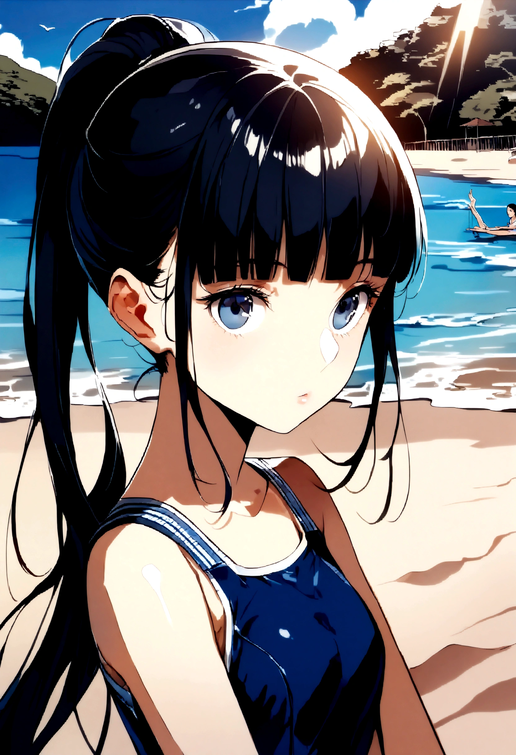 Navy blue school swimwear,ponytail、blunt bangs、Black Hair、super fine illustration,(((beautiful fine hair))),(((beautiful fine face))),(((beautiful fine background))),Midsummer、beach