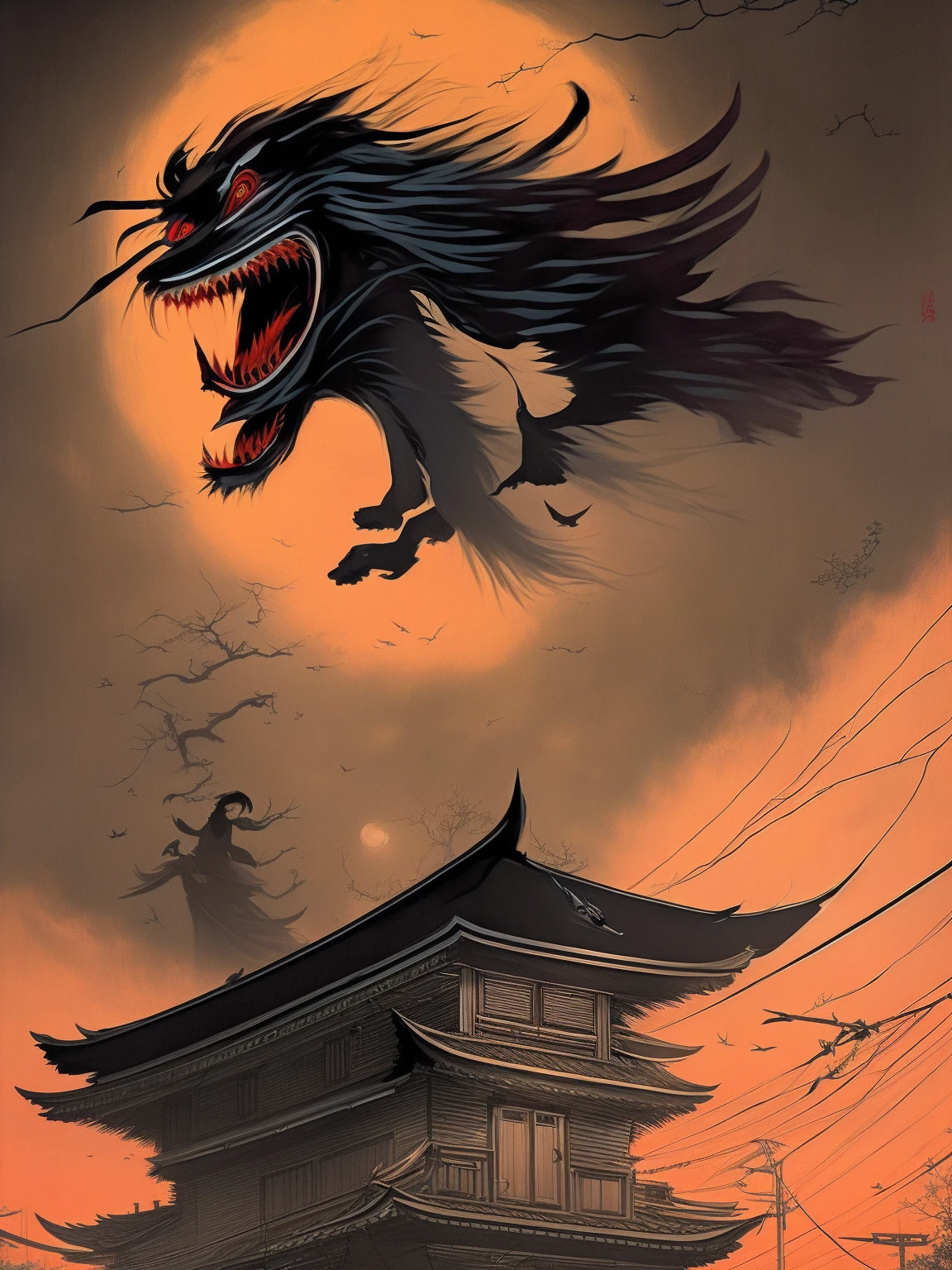 image of the traditional yokai known as Feitoupan (Flying Head), depicted as two disembodied heads flying through a quiet residential neighborhood at midnight. The heads have menacing expressions with long, flowing hair and sharp teeth. The eerie glow from streetlights casts long, haunting shadows, enhancing the supernatural and unsettling atmosphere
