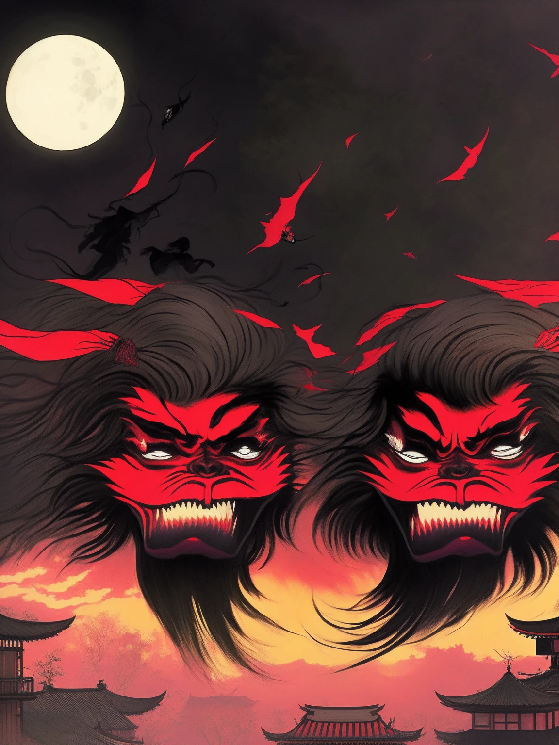 image of the traditional yokai known as Feitoupan (Flying Head), depicted as two disembodied heads flying through a quiet residential neighborhood at midnight. The heads have menacing expressions with long, flowing hair and sharp teeth. The eerie glow from streetlights casts long, haunting shadows, enhancing the supernatural and unsettling atmosphere
