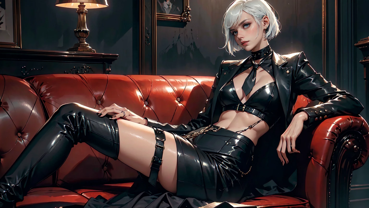 ((Highest quality, Very delicate, 8k, Best Quality Masterpiece)), ((tattoo, Tattoo,)), (A face with attention to detail, Highlighted blue eyes), One person, Black nails, (Blonde, Dark Skin, )choker, Earrings, spike, Large Breasts, Visible Underwear, 黒jacket, garter belt, sofa, Sitting, Bright red lipstick, 