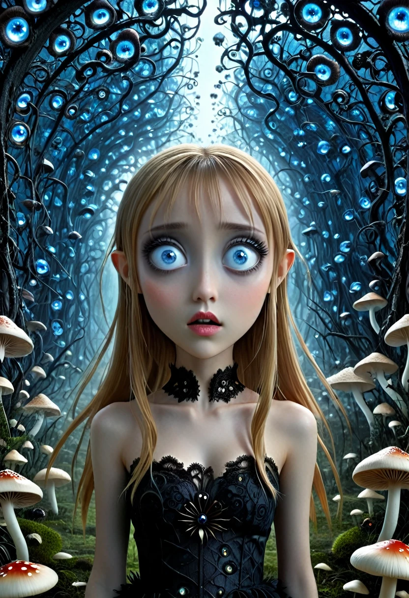 asuna, With her huge blue eyes and dressed in black lace, She looks directly at the mushrooms with an expression of amazement as she finds herself surrounded by hundreds of glass insects that have an impossible geometry.... All with the style of Tim Burton, in a kind of surreal dream.