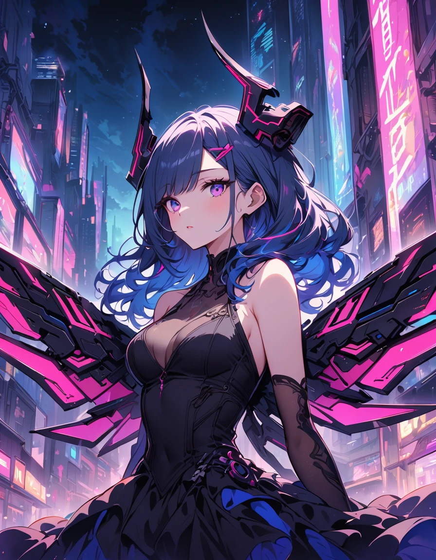 A futuristic cyberpunk girl with mechanical wings and devil horns, dressed in a black evening dress. She has blue hair with neon streaks, and she poses against the backdrop of a bright city. In the background is a simple urban landscape, flooded with neon lights in blue and pink tones, emphasizing the atmosphere of high-tech and science fiction. --ar 3:4 -stylize 1000 -niji 6