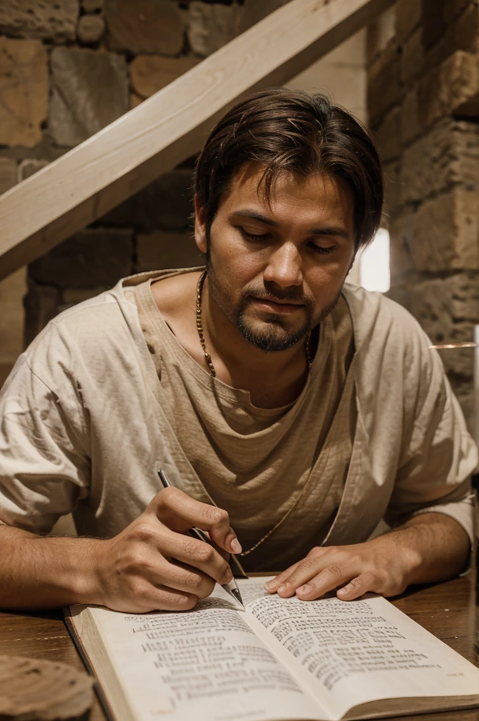 Apostle Paul writing a letter to the Christians in Rome to explain the core ideas of the gospel