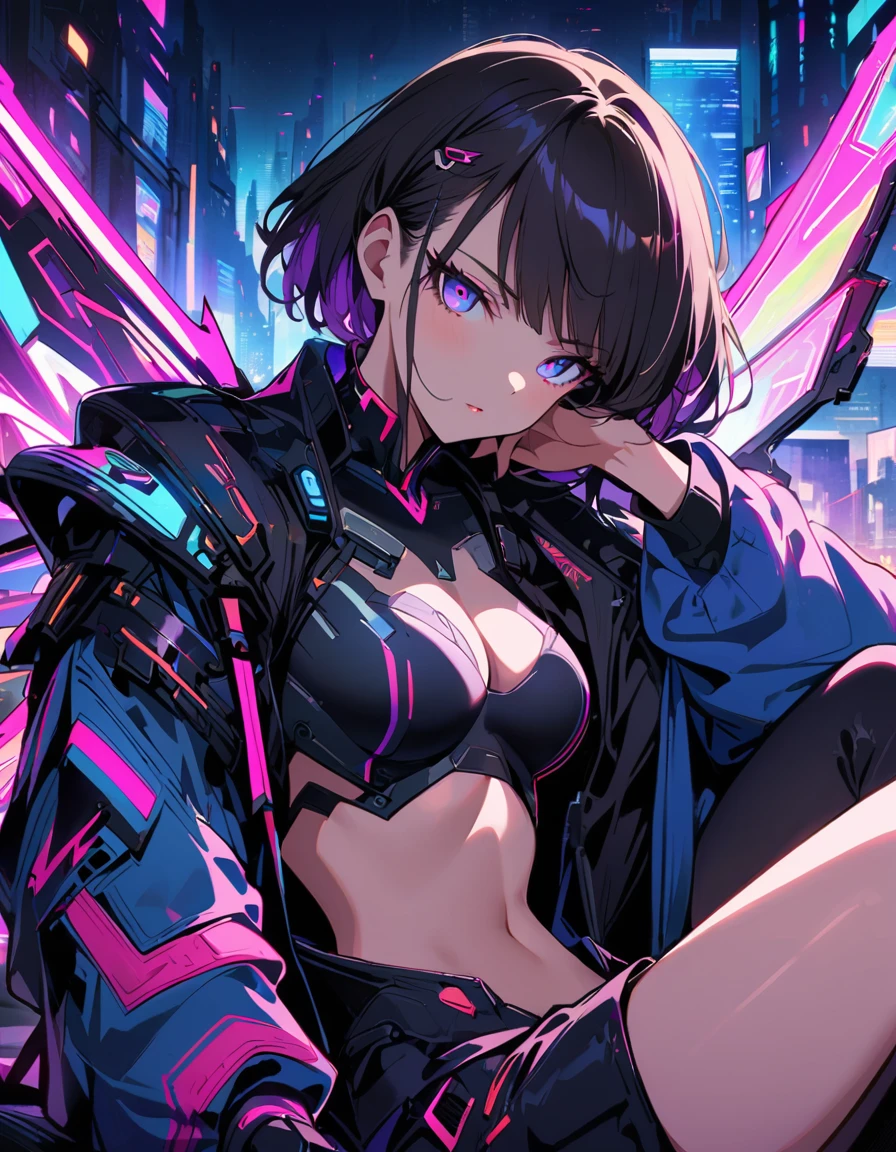 Anime-style cyberpunk female character with dark hair, neon accents, and mechanical wings. She is wearing blue jacket over revealing black outfit, sitting in confident pose. The background is simple vibrant, neon-lit cityscape with blue and pink, emphasizing high-tech, sci-fi atmosphere. --ar 3:4 --stylize 600 --niji 5