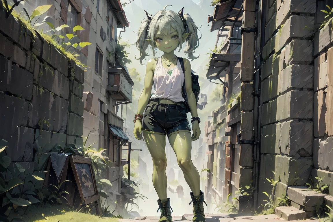 1 girl, solo ((best quality)), ((masterpiece)), 4k, deep green skin, tiny pointy ears, 3 foot tall mature goblin woman with silver hair color, pigtails, ((green skin:1.4)) wearing tanktop, hiking shorts, hiking boots, backpack, wearing rainbow friendship bracelet and leather necklace, exploring ancient asian ruins on a misty early morning, foggy and mysterious