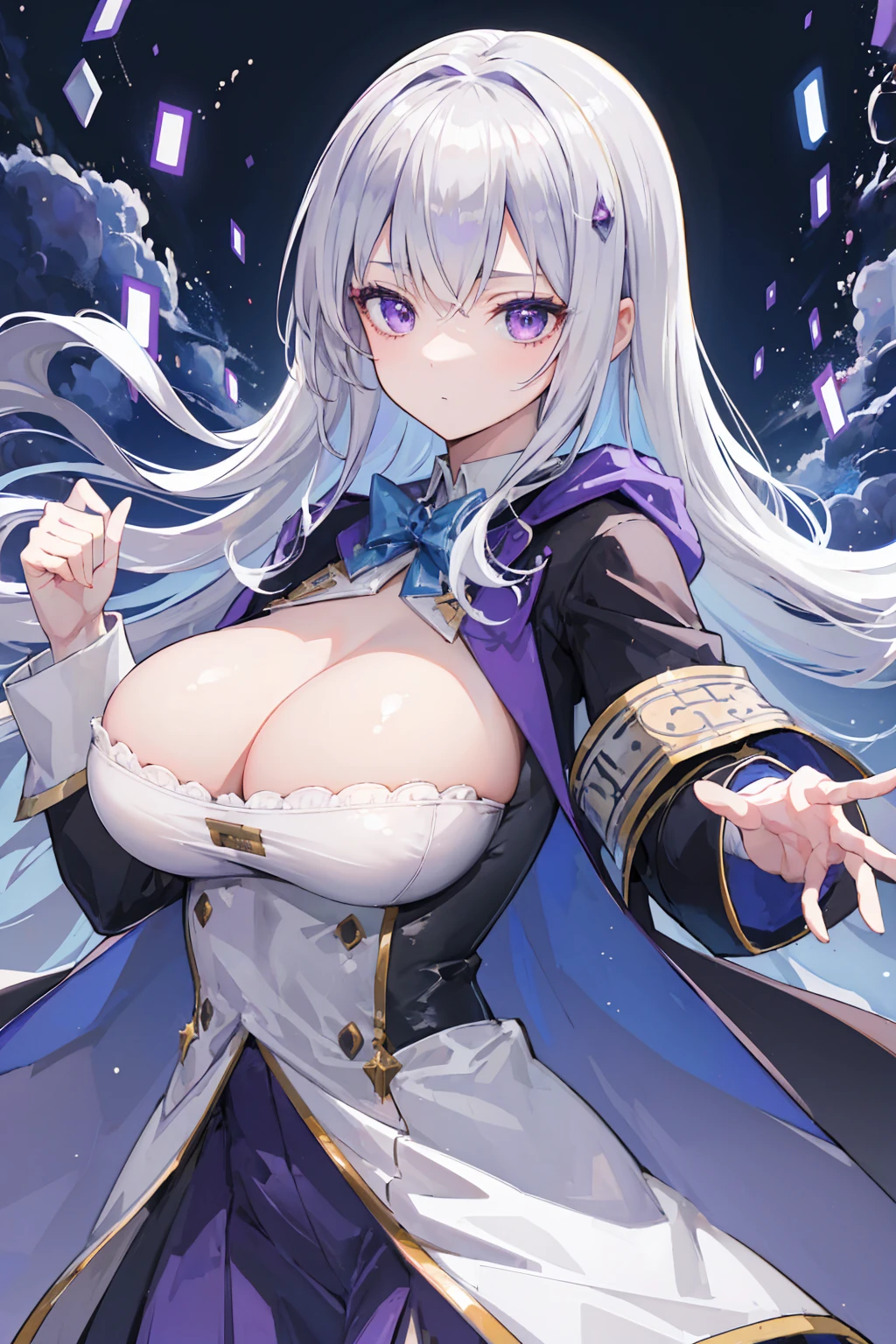 (masterpiece, highest quality:1.2), highest quality, masterpiece, high resolution, Anime style, portraiture, long hair, Silver hair, , oversized coat, purple eyes, ((big breasts, huge breasts, magic, magic square, magician