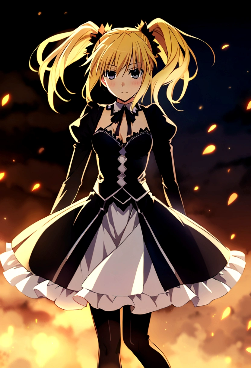 Know Artoria from Fate Stay Night, vestido de Kurumi Tokisaki of Date a Live black and orange, two pigtails in the hair, blond hair, whole body