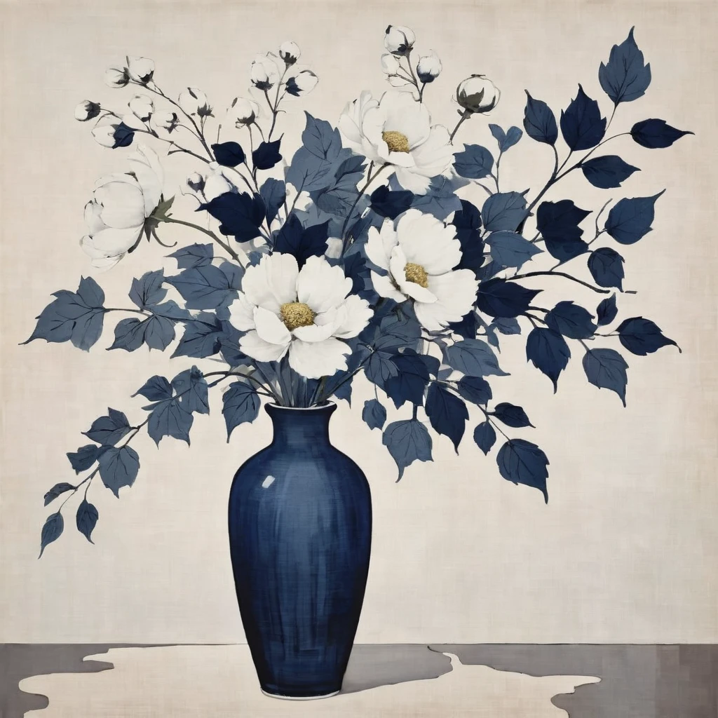 Abstract Floral still life style, vase with this cotton, white and dark navy blue, rough pastoral, intentional canvas, by Catrin Walz-Stein