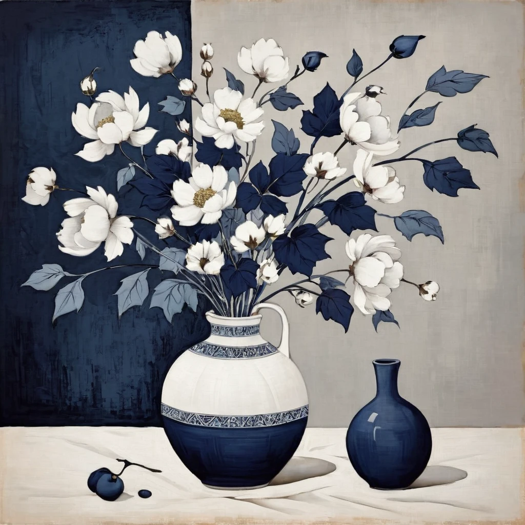 Abstract Floral still life style, vase with this cotton, white and dark navy blue, rough pastoral, intentional canvas, by Catrin Walz-Stein