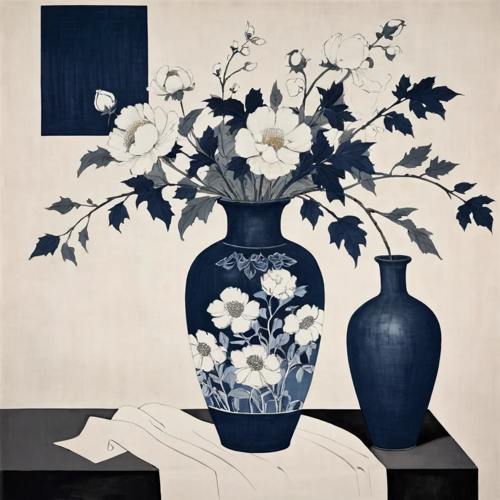 Abstract Floral still life style, vase with this cotton, white and dark navy blue, rough pastoral, intentional canvas, by Catrin Walz-Stein