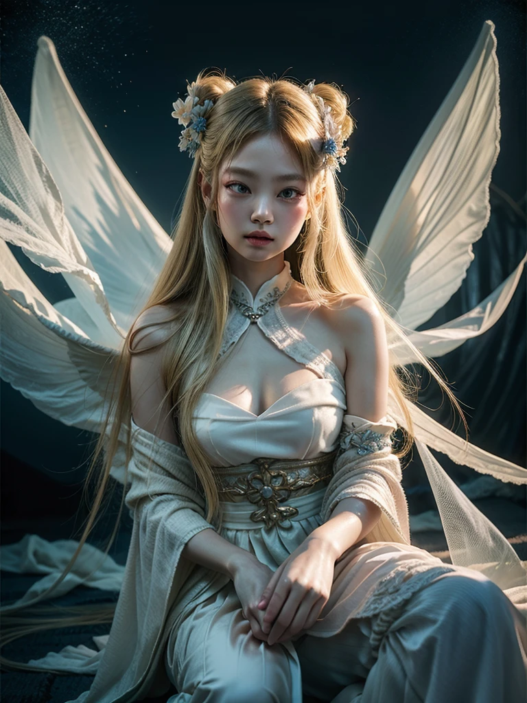 ethereal fantasy concept art of The woman in hanfu. Gorgeous, Heavenly, ethereal, ish, epic, majestic, magical, fantasy art, cover art, Dream-ish, elegant, ish, saturated color, dramatic atmosphere around, sharp focus, Very detailed, fine details, Stunning composition, Creative, rich and colorful, complicated, magic, full color, complex, blonde hair, blackpink jennie.