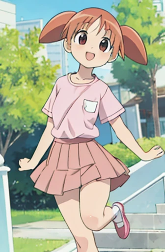 masterpiece, best quality, highres,1girl, chiyo, high twintail, manga, comic,cute pose, dynamic angle, Light pink Shirt, Red skirt, Park, Outdoors, Pink shose, Smiling,