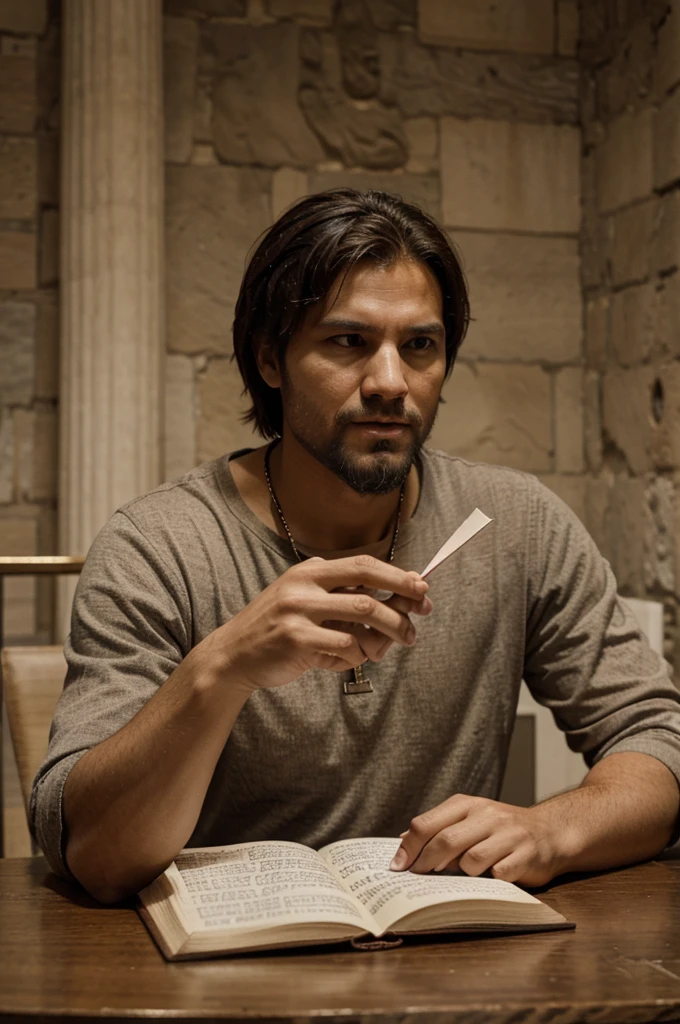 Apostle Paul writing a letter to the Christians in Rome to explain the core ideas of the gospel