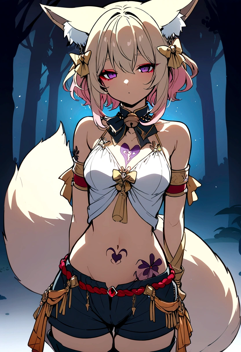 Masterpiece, High quality, High quality of art, best quality, anime lineart, Femboy, light carrot hair, fox ears, fox tail, Red eyeshadow, purple eye color, Bare belly, Femboy, military armlets, general's pants, A heavy golden bow with rubies, A longbow behind his back, half sleep eyes, Platinum bell and bow near the ear, a small shorts, Red and white rope belt, no human ears, Black heart tattoo on tummy, light carrot hair