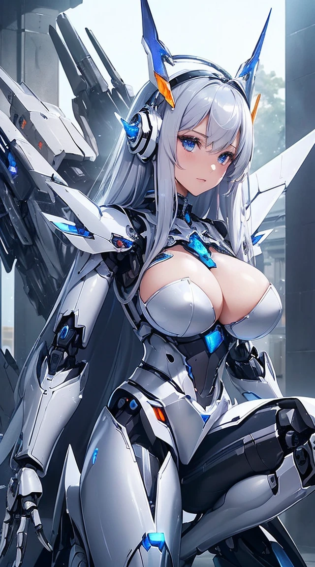 (Sit with one knee on the machine:1.6)、(Full body description:1.3)、((Shining lenses on both ???????:1.3))、((Blue pillars of light are emanating from both chests.:1.3))、smile、((8K)), ((32k)), ((Highest quality)), ((masterpiece)), ((超A high resolution)), ((Tmasterpiece)), ((Halation:1.4))、((Mechaニカルheadgear:1.2))、((Cyber headphones:1.3))、Fine skin, High quality fabric, Fine metal texture、((Beautiful and dense face))、RAW Photos、Professional, Ultra-fine painting, ((alone)), Beautiful ???????、Highest quality, Very detailed, Very detailed詳細, Finer details, so beautiful, ((Princess Knight Robot:1.2)),  (Joints of machines, Mechanical Limbs:1.3), (The internal structure of the machine is exposed:1.3), (Long silver hair:1.1), (Beautiful and huge mechanical ???????)、White Veil, cowboy_shot, Side Focus, headgear, Shiny、(Five Fingers, Four fingers and thumb),Concept Art, Anime fantasy artwork, Detailed fantasy art, (with pale blue-violet hair and large white wings,,,,,,,), (((Long silver hair))), (Mecha:1.6)、Sleek and intimidating design, ((Commander-in-Chief'arm)), (Perfect robot body)、純白と青紫armまたは, Symmetrical wings, 8K high quality, detailed art, 3D rendering of character art in 8K, neat legs, Defined, Defined fingers,
