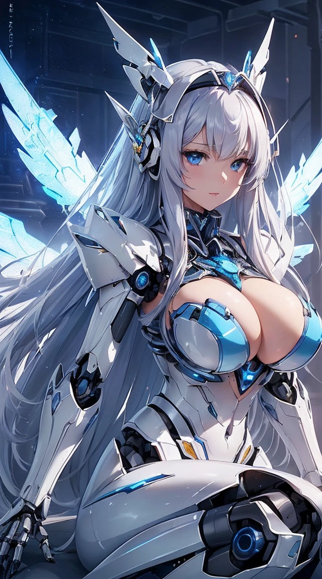 (Sit with one knee on the machine:1.6)、(Full body description:1.3)、((Shining lenses on both breasts:1.3))、((Blue pillars of light are emanating from both chests.:1.3))、smile、((8K)), ((32k)), ((Highest quality)), ((masterpiece)), ((超A high resolution)), ((Tmasterpiece)), ((Halation:1.4))、((Mechaニカルheadgear:1.2))、((Cyber headphones:1.3))、Fine skin, High quality fabric, Fine metal texture、((Beautiful and dense face))、RAW Photos、Professional, Ultra-fine painting, ((alone)), Beautiful breasts、Highest quality, Very detailed, Very detailed詳細, Finer details, so beautiful, ((Princess Knight Robot:1.2)),  (Joints of machines, Mechanical Limbs:1.3), (The internal structure of the machine is exposed:1.3), (Long silver hair:1.1), (Beautiful and huge mechanical breasts)、White Veil, cowboy_shot, Side Focus, headgear, Shiny、(Five Fingers, Four fingers and thumb),Concept Art, Anime fantasy artwork, Detailed fantasy art, (with pale blue-violet hair and large white wings,,,,,,,), (((Long silver hair))), (Mecha:1.6)、Sleek and intimidating design, ((Commander-in-Chief&#39;arm)), (Perfect robot body)、純白と青紫armまたは, Symmetrical wings, 8K high quality, detailed art, 3D rendering of character art in 8K, neat legs, Defined, Defined fingers,