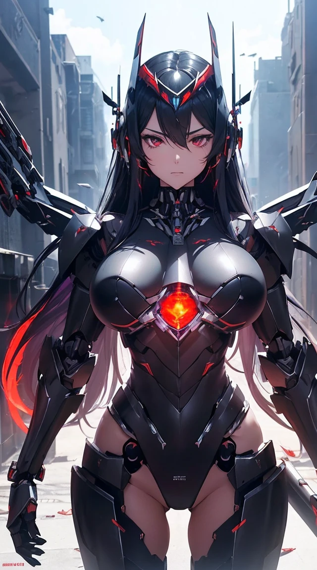 ((Shining lenses on both breasts:1.3))、((Pillars of red light radiate from both chests..:1.3))、((Attack pose:1.6))、((He has a red sword and a long rifle:1.6))、((Battle Scenes:1.8))、((8K)), ((32k)), ((Highest quality)), ((masterpiece)), ((超A high resolution)), ((Tmasterpiece)), ((Halation:1.4))、((Mechaニカルheadgear:1.2))、((Cyber headphones:1.3))Fine skin, High quality fabric, High-quality metal texture、((Beautiful and dense face))、RAW Photos、Professional, Ultra-fine painting, ((alone)), Beautiful breasts、Highest quality, Very detailed, Very detailed詳細, Finer details, so beautiful, ((Black Knight Robot:1.2)),  (Joint of the machine, Mechanical Limbs:1.3), (The internal structure of the machine is exposed:1.3), (Long black hair:1.1), (Beautiful and huge mechanical breasts)、White Veil, cowboy_shot, Side Focus, headgear, Shiny、(Five Fingers, Four fingers and thumb),Concept Art, Anime fantasy artwork, Detailed fantasy art, (Has light blue-purple hair and black wings,,,,,,), (((Long black hair))), (Mecha:1.6)、Sleek and intimidating design,  (Jet black perfect robot body)、Jet black and reddish purple arms, Symmetrical wings, 8K High Resolution, Detailed Art, 3D rendering of character art in 8K, neat legs, Defined, Defined fingers,((headshot:1.6))