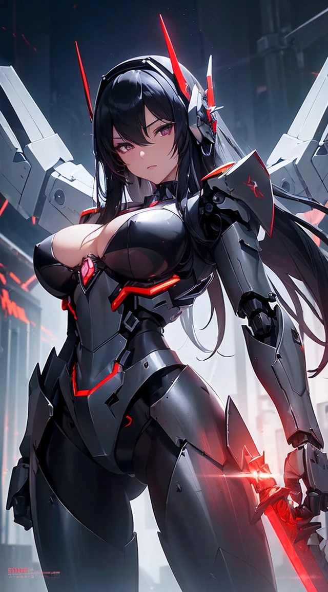 ((Shining lenses on both breasts:1.3))、((Pillars of red light radiate from both chests..:1.3))、((Attack pose:1.6))、((He has a red sword and a long rifle:1.6))、((Battle Scenes:1.8))、((8K)), ((32k)), ((Highest quality)), ((masterpiece)), ((超A high resolution)), ((Tmasterpiece)), ((Halation:1.4))、((Mechaニカルheadgear:1.2))、((Cyber headphones:1.3))Fine skin, High quality fabric, High-quality metal texture、((Beautiful and dense face))、RAW Photos、Professional, Ultra-fine painting, ((alone)), Beautiful breasts、Highest quality, Very detailed, Very detailed詳細, Finer details, so beautiful, ((Black Knight Robot:1.2)),  (Joint of the machine, Mechanical Limbs:1.3), (The internal structure of the machine is exposed:1.3), (Long black hair:1.1), (Beautiful and huge mechanical breasts)、White Veil, cowboy_shot, Side Focus, headgear, Shiny、(Five Fingers, Four fingers and thumb),Concept Art, Anime fantasy artwork, Detailed fantasy art, (Has light blue-purple hair and black wings,,,,,,), (((Long black hair))), (Mecha:1.6)、Sleek and intimidating design,  (Jet black perfect robot body)、Jet black and reddish purple arms, Symmetrical wings, 8K High Resolution, Detailed Art, 3D rendering of character art in 8K, neat legs, Defined, Defined fingers,((headshot:1.6))