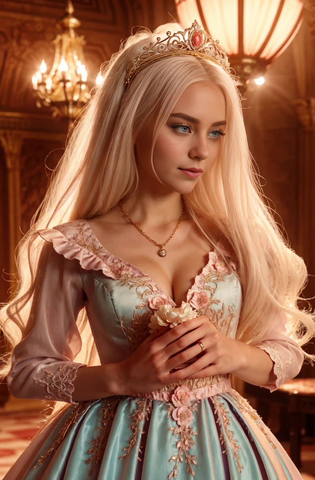 White Blonde hair, fluffy hair, stylish hair, long hair, lilac eyes, perfect eyes, beautiful, perfect face, tween, dainty, short, kind, curvy, a flowing pale airy gown with ruffles along the bottom with tiny pink flowers and gold dragon embroideries with flowers, Her tiara had a pretty teal gemstones, silver necklace, noble class, royal, royalty, red castle, feasting hall, medieval, elegant surroundings, soft dewy makeup look, light peach blush, soft tan eyeshadow, light coral lipstick, cutesy, girlish, girly, guileless, ingénue, princess , whimsical lighting, Targaryen, dragons in the sky, photorealistic
