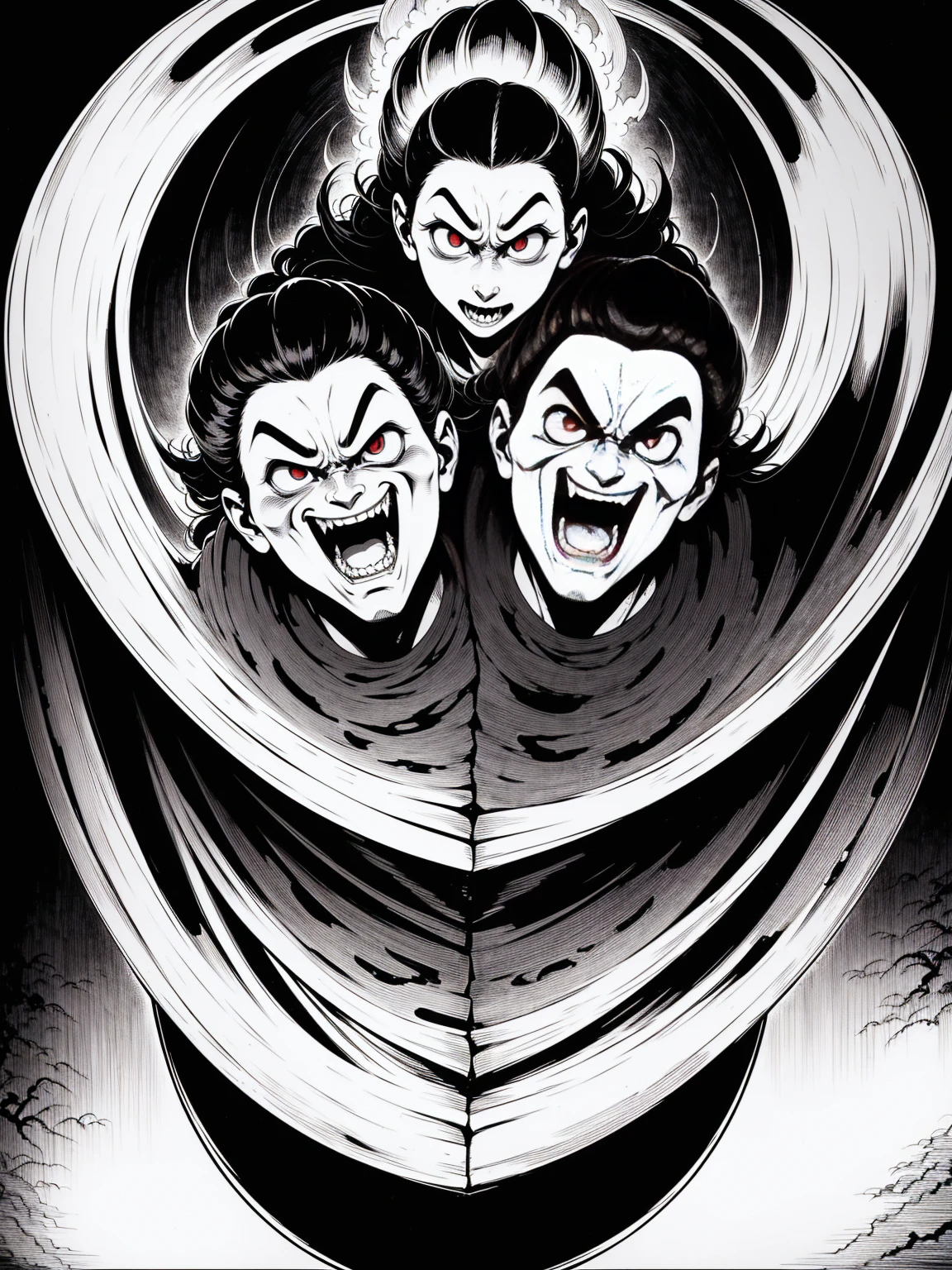 image of the traditional yokai known as Feitoupan (Flying Head), depicted as two disembodied heads flying through a quiet residential neighborhood at midnight. The heads have menacing expressions with long, flowing hair and sharp teeth. The eerie glow from streetlights casts long, haunting shadows, enhancing the supernatural and unsettling atmosphere
