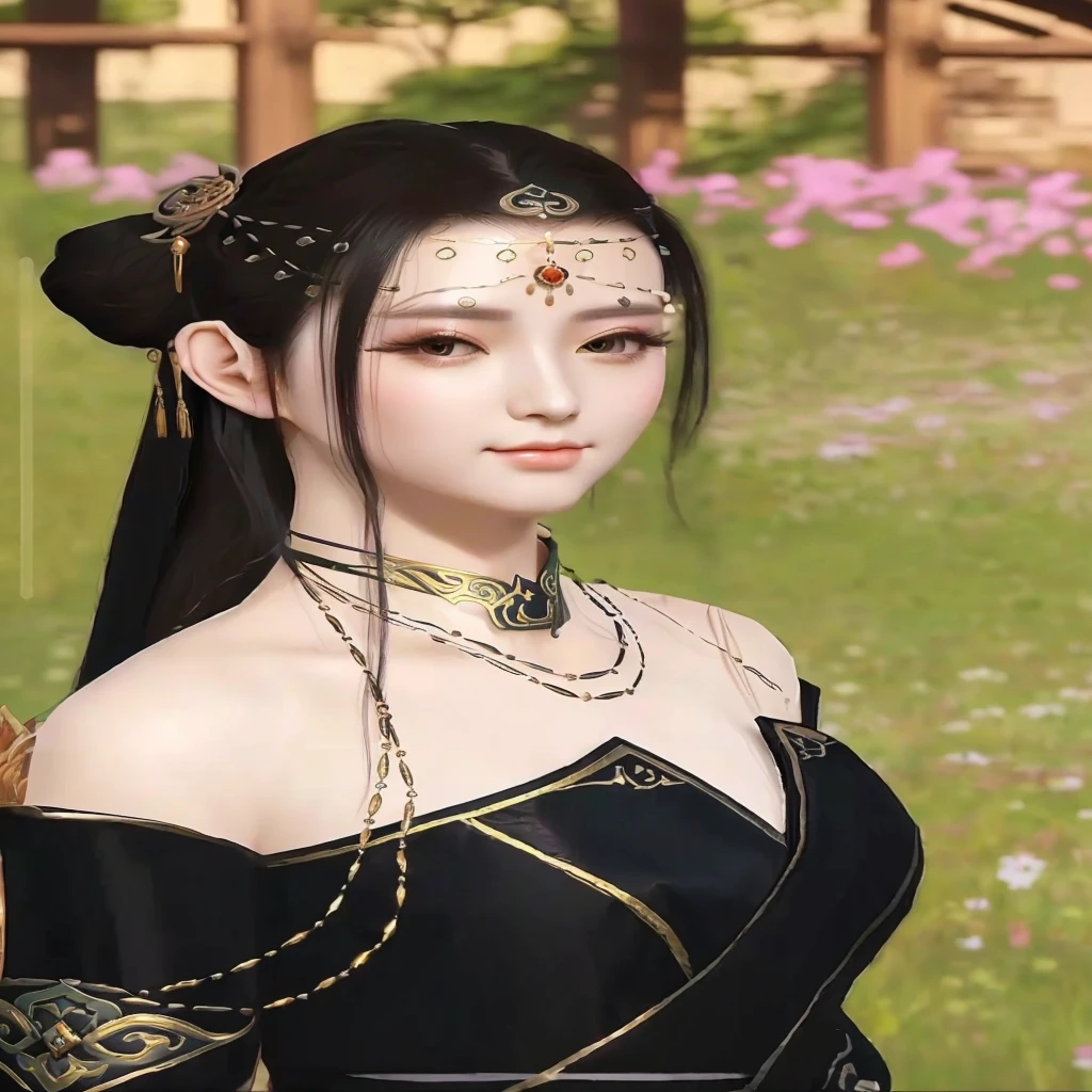 a close up of a woman in a black dress with a flower in her hair, a beautiful fantasy empress, inspired by Lan Ying, inspired by Qiu Ying, beautiful render of tang dynasty, ((a beautiful fantasy empress)), inspired by Du Qiong, inspired by Li Mei-shu, inspired by Wang Meng, korean mmorpg, inspired by Pu Hua