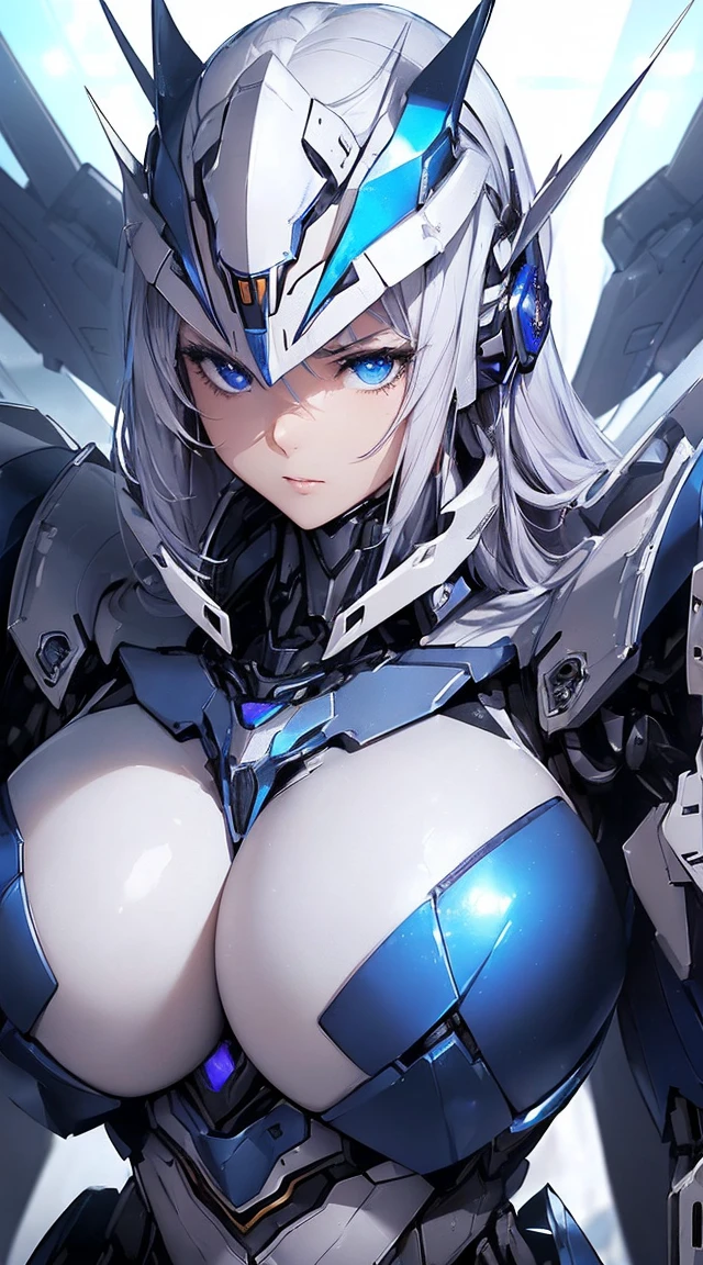 ((Extreme close up:1.6))、(((Lenses shining on both breasts:1.3)))、((Blue pillars of light radiate from both of his chests..:1.3))、break、(((Dynamic pose:1.8)))、smile、((8K)), ((32k)), ((Highest quality)), ((masterpiece)), ((超A high resolution)), ((Tmasterpiece)), ((Halation:1.4))、((Mechaニカルheadgear:1.2))、((Cyber headphones:1.3))Fine skin, High quality fabric, High-quality metal texture、((Beautiful and dense face))、RAW Photos、Professional, Ultra-fine painting, ((alone)), Beautiful breasts、Highest quality, Very detailed, Very detailed詳細, Finer details, so beautiful, ((Princess Knight Robot:1.2)),  (Joint of the machine, Mechanical Limbs:1.3), (The internal structure of the machine is exposed:1.3), (Long silver hair:1.1), (Beautiful and huge mechanical breasts)、White Veil, cowboy_shot, Side Focus, headgear, Shiny、(Five Fingers, Four fingers and thumb),Concept Art, Anime fantasy artwork, Detailed fantasy art, (with pale blue-violet hair and large white wings,,,,,,,,), (((Long silver hair))), (Mecha:1.6)、Sleek and intimidating design, ((Commander-in-Chief&#39;arm)), (Perfect robot body)、純白と青紫のarmまたは, Symmetrical wings, 8K High Resolution, Detailed Art, 3D rendering of character art in 8K, neat legs, Defined, Defined fingers,((headshot:1.3))