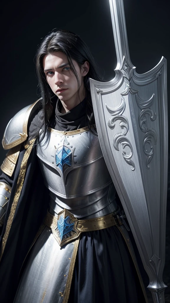 I want to create a paladin for my medieval RPG game, He has 1,84 m high, white skin but not too much, light blue eyes and pitch-black hair, his face is one of constant sadness and emptiness but at the same time gentle and kind, wears golden armor, a long sword and a shield.