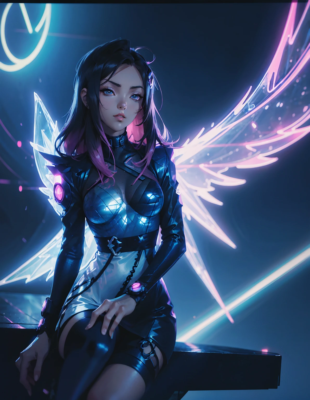 Anime-style cyberpunk female character with dark hair, neon accents, and mechanical wings. She is wearing blue jacket over revealing black outfit, sitting in confident pose. The background is simple vibrant, neon-lit cityscape with blue and pink, emphasizing high-tech, sci-fi atmosphere. --ar 3:4 --stylize 600 --niji 5