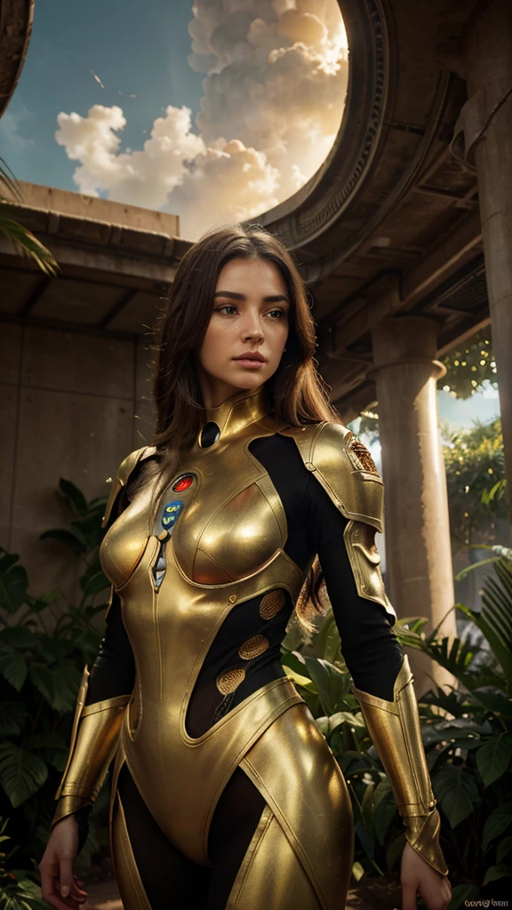 a lush, verdant garden on the surface of Mars, bathed in warm, golden sunlight, a lone futuristic human figure standing amidst the alien foliage, beautiful detailed eyes, beautiful detailed lips, extremely detailed eyes and face, long eyelashes, intricate sci-fi architecture in the background, dramatic cloud formations in the orange Martian sky, volumetric lighting, cinematic composition, hyper-realistic, 8k, photorealistic, masterpiece