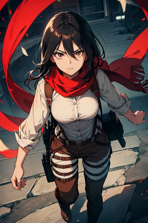 attack on titan, mikasa, full body photo ,Draw a young woman of average height, with long black hair. Your eyes are gray and expressive, reflecting determination and intensity. She is dressed in a white blouse and" a beautiful red scarf", He wears suspenders and his pants are brown , equipped with three-dimensional maneuvering devices. His posture is athletic and confident, showing a serene facial expression, but determined, junji ito style