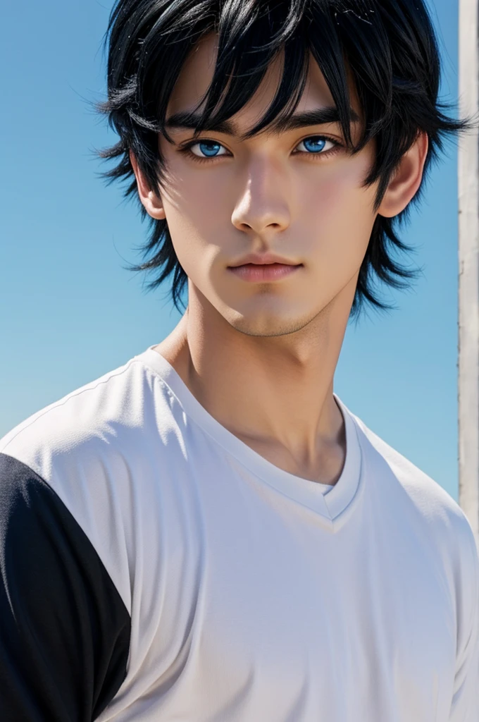 A pretty anime boy with black hair and blue eyes.