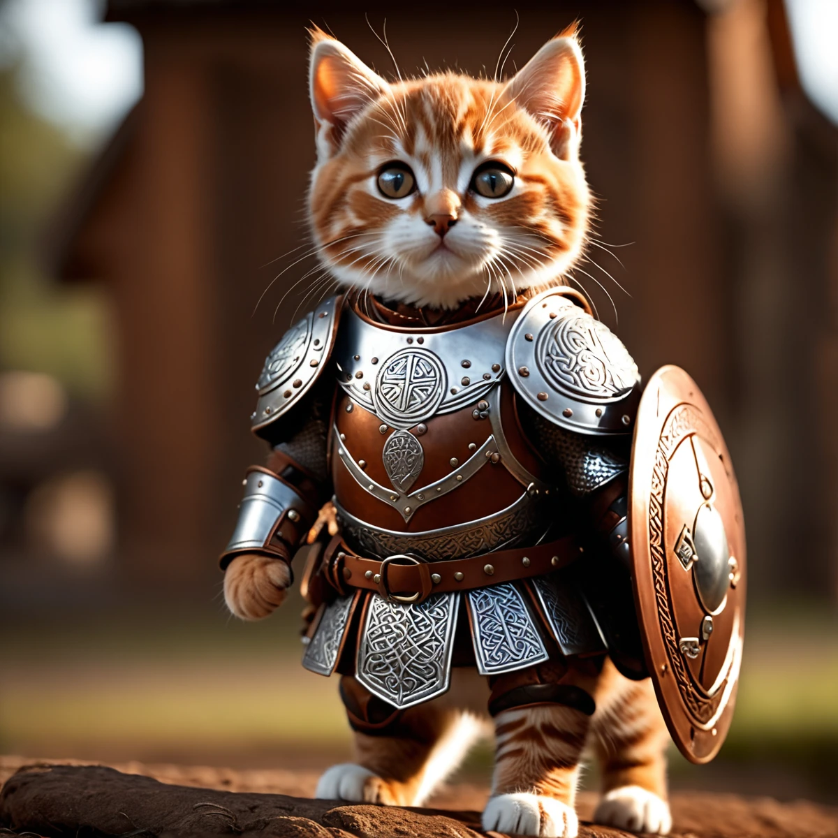 Movie Movie Still Winning Photo Cute Cat, rust, amazing, Viking Knotwork, Wearing armor and shield, whole body . Shallow depth of field, Vignette, Very detailed, High budget, Bokeh . Shallow depth of field, Vignette, Very detailed, High budget, Bokeh, CinemaScope, Sulky, amazing, nice, Film Grain, granular