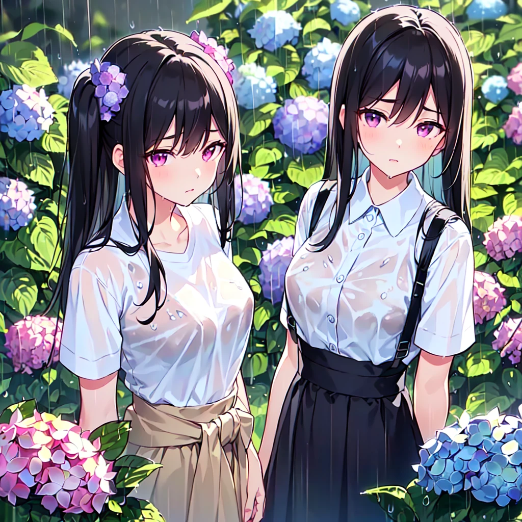 MASTERPIECE, best quality, high quality, extremely detailed, very delicate and beautiful, (1 female 18 years old solo: 1.2), (long black hair, two-side up to waist: 1.4), fringes to eyebrows, eyes. (eyes sharp, strong glossy glossy eyes, eyebrows glossy, (eye colour magenta: 1.3), 6.5 head tall, (shirt: 1.3), skirt, knee socks, lace, (melancholy expression), (hands folded),(Standing ), (dynamic pose), (background hydrangea garden: 1.3), (rain: 1.3), (upper body:1.3)