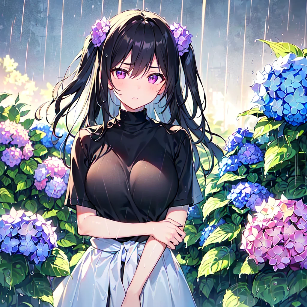 MASTERPIECE, best quality, high quality, extremely detailed, very delicate and beautiful, (1 female 18 years old solo: 1.2), (long black hair, two-side up to waist: 1.4), fringes to eyebrows, eyes. (eyes sharp, strong glossy glossy eyes, eyebrows glossy, (eye colour magenta: 1.3), 6.5 head tall, (shirt: 1.3), skirt, knee socks, lace, (melancholy expression), (hands folded),(Standing ), (dynamic pose), (background hydrangea garden: 1.3), (rain: 1.3), (upper body:1.3)