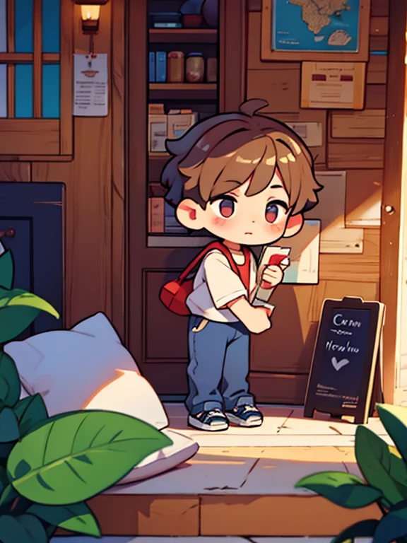 The boy bit his girlfriend's ear from behind,flushed,Chibi,wearing couple jacket