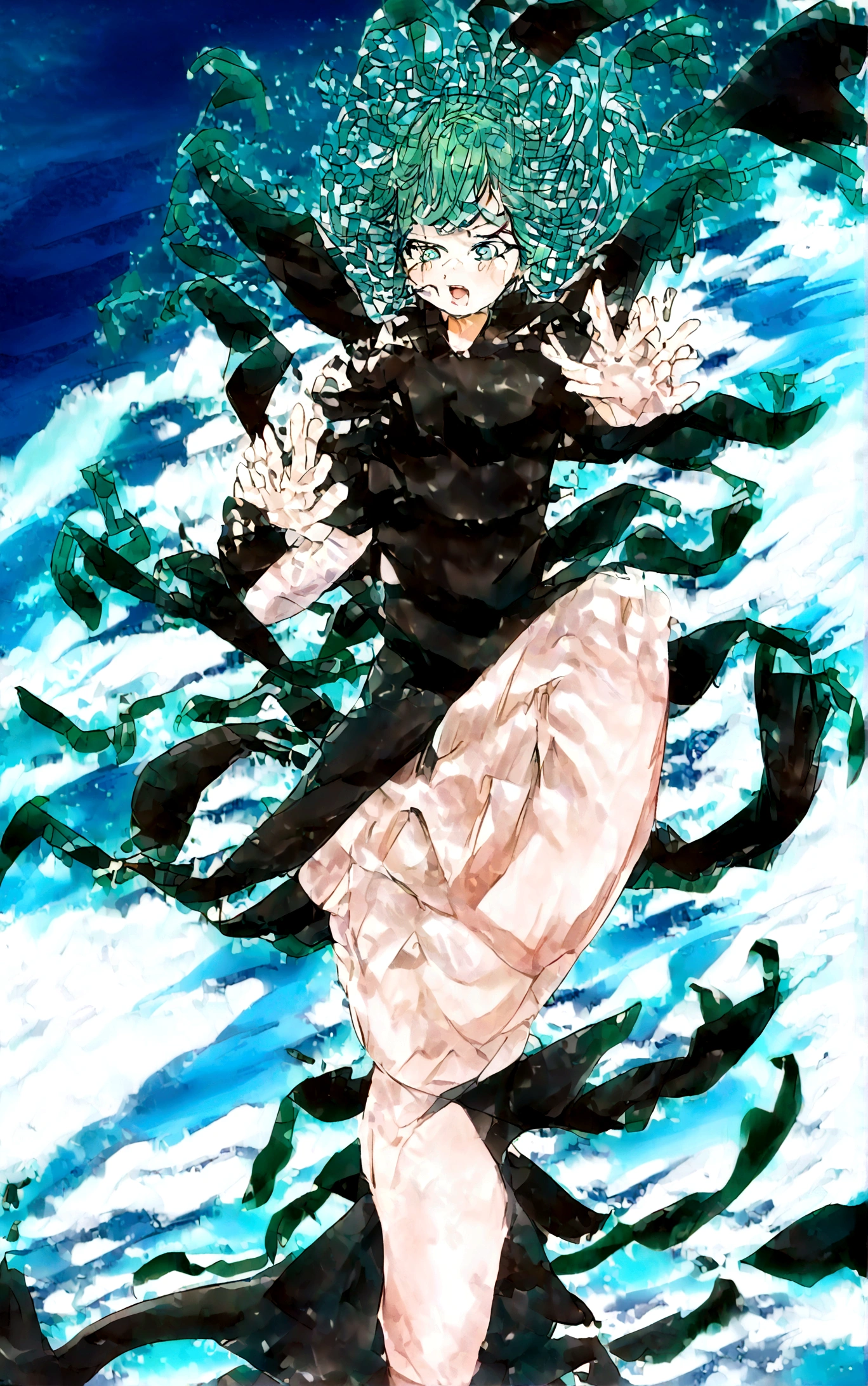 Create a digital image of a female character floating in the sky with a background of white clouds and a bright blue sky. She has wavy green hair that spreads around her head., large, expressive eyes, and a confident and determined expression. The character is wearing a short, tight black dress, with a high cut on the side that reveals your long legs. The dress has long sleeves that extend into flowing, billowing bands., adding a dynamic effect to your appearance. She wears black high heel shoes. The character's pose is powerful, with one hand extended forward as if using special powers, while the other hand is close to the body. Her left leg has a slight visible bruise.. The atmosphere of the image should convey a sense of power and movement.