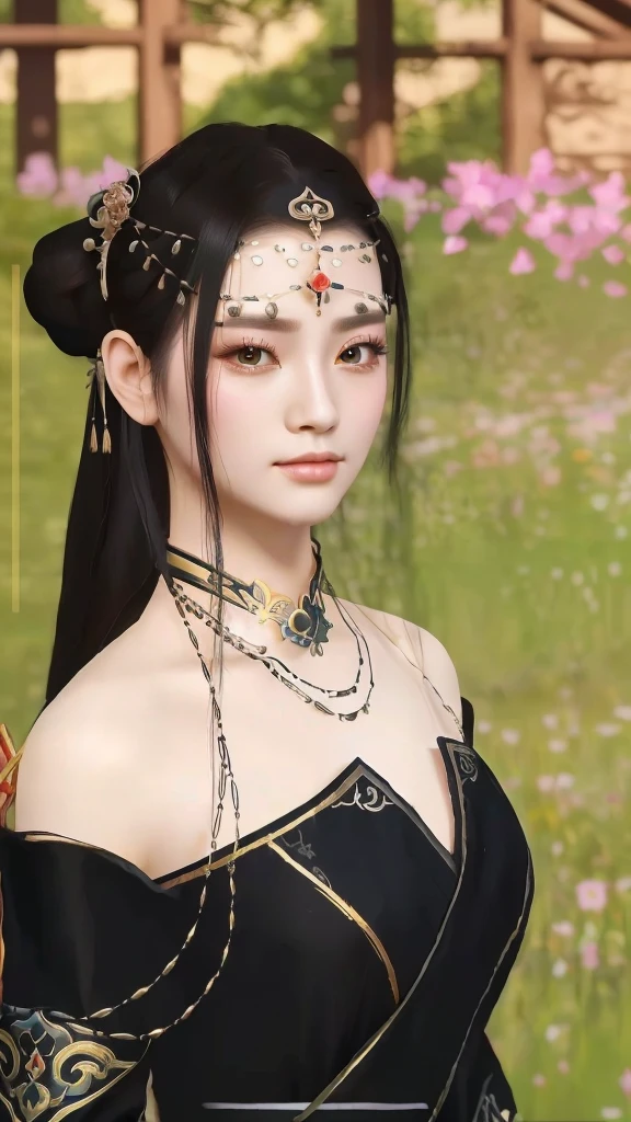 a close up of a woman in a black dress with a flower in her hair, a beautiful fantasy empress, inspired by Lan Ying, inspired by Qiu Ying, beautiful render of tang dynasty, ((a beautiful fantasy empress)), inspired by Du Qiong, inspired by Li Mei-shu, inspired by Wang Meng, korean mmorpg, inspired by Pu Hua