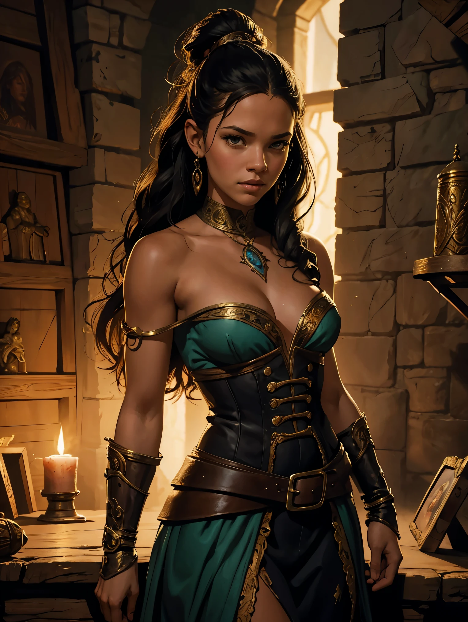 a young woman from the early 18th century based on Jenna Ortega, dungeons and Dragons 5th edition fantasy illustration, highly detailed cinematic fantasy portrait, black outlining, full color illustration, in the style of BORIS VALLEJO & JULIE BELL, masterpiece, 8k, ultra-detailed, physically-based rendering, vivid colors, dramatic lighting, intricate background, fantasy, photorealistic