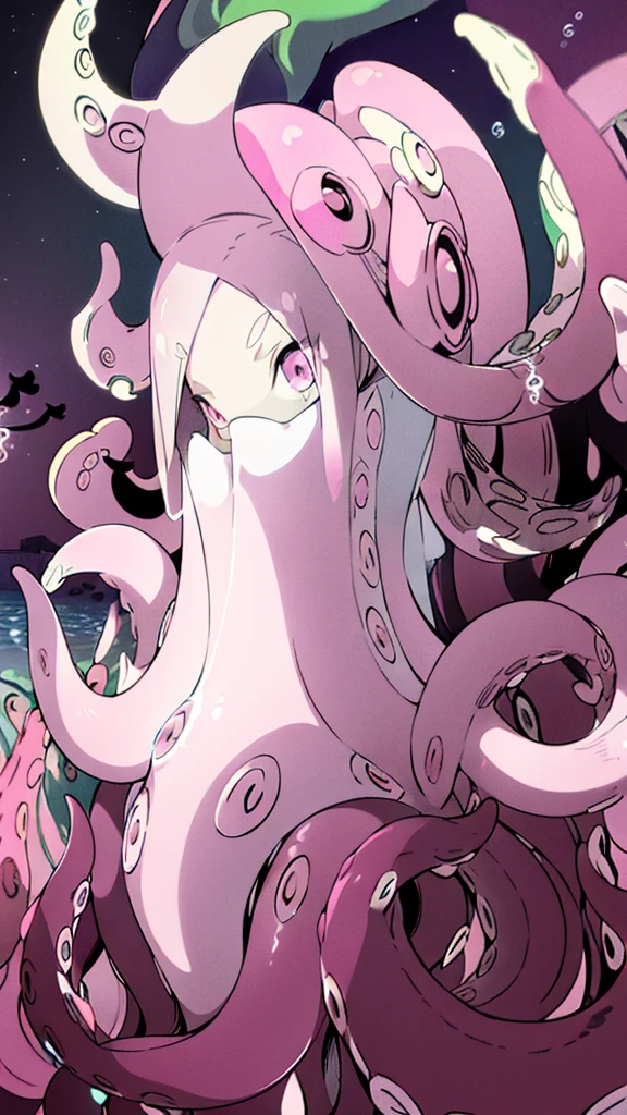 ((best quality)), ((highly detailed)), absurdres, (detailed eyes),((1girl,20 years old,solo,mature female)),long hair,pink hair,(((white shirt,black standart tie,black skirt))),dynamic pose, cowboy shot, (((pink scylla))), (((pink octopus girl))), standing, (pink tentacles:1.33), (suction cups:1.33), (fused:1.33), ((pink tentacle legs)), squidlegs, ((underwater,sea, aurora,night)), serious,graceful,best hands