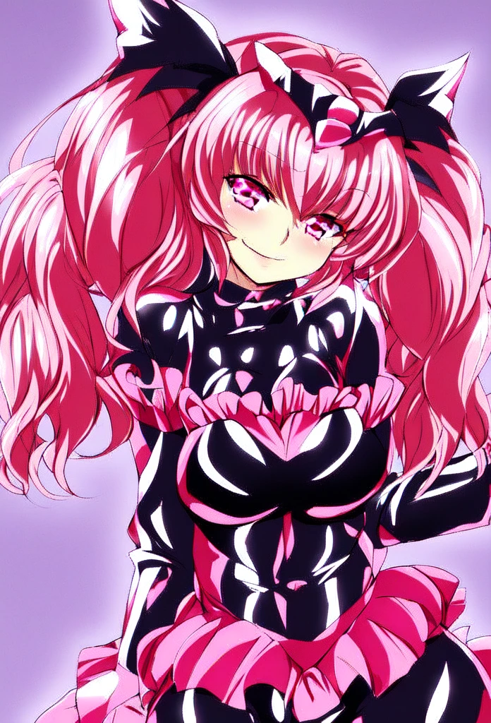 high quality, Very detailed, Perfect Face,   Bad End Pretty Cure, Blonde twin tails, ((Black Ruffled Bodysuit)), (Red frills), Black winged headband, A seductive smile, Shiny latex, Large Breasts ,Pink Hair, Pink Eyes