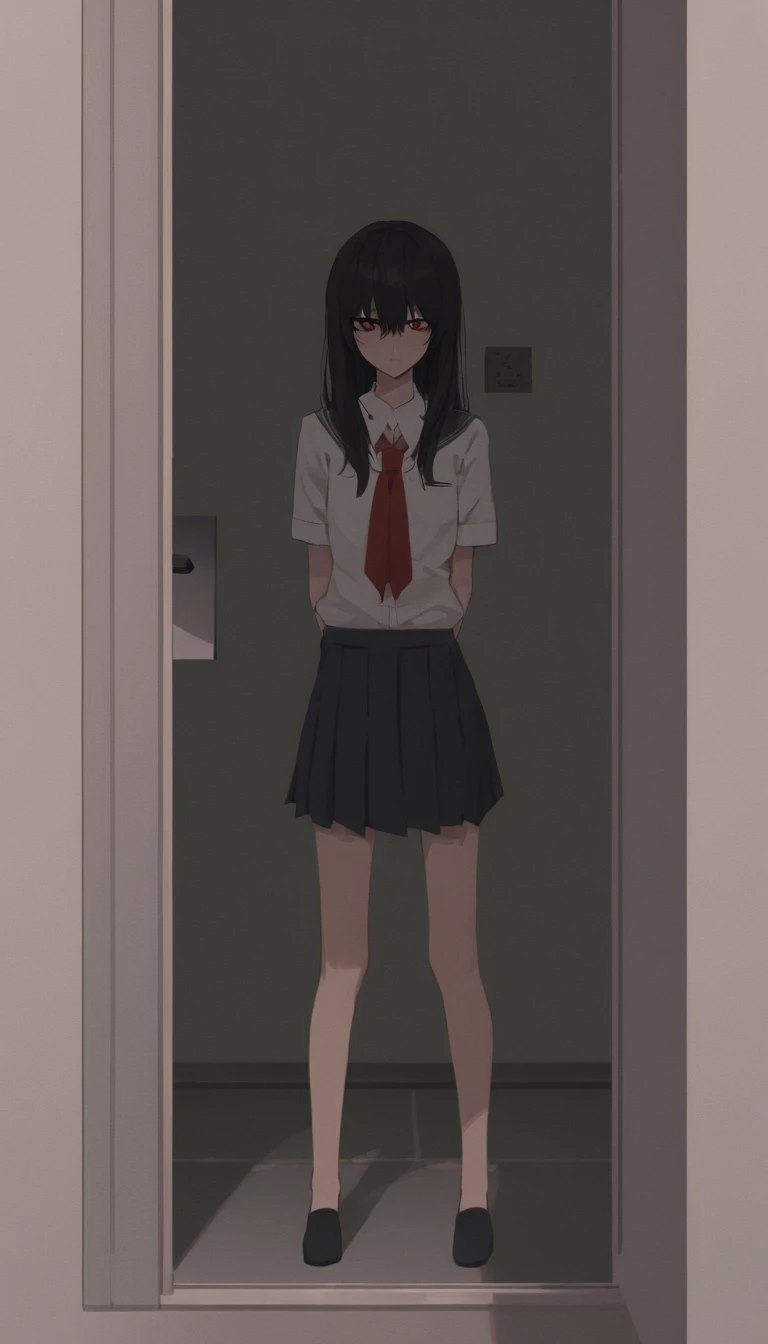 yandere woman, student aesthetics, is standing in front of the door, It's yandere. with a knife in his hand
