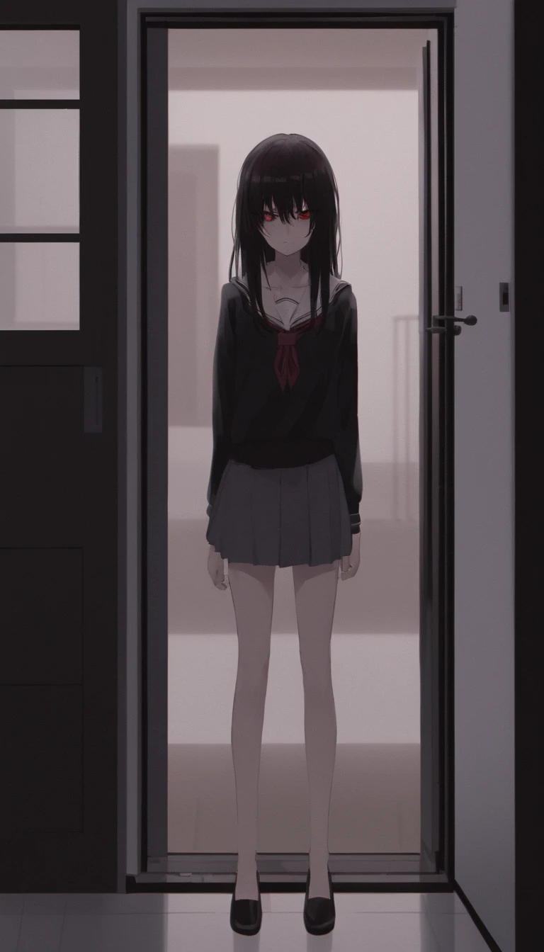 yandere woman, student aesthetics, is standing in front of the door, It's yandere. with a knife in his hand