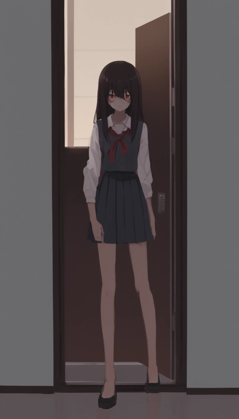 yandere woman, student aesthetics, is standing in front of the door, It's yandere. with a knife in his hand