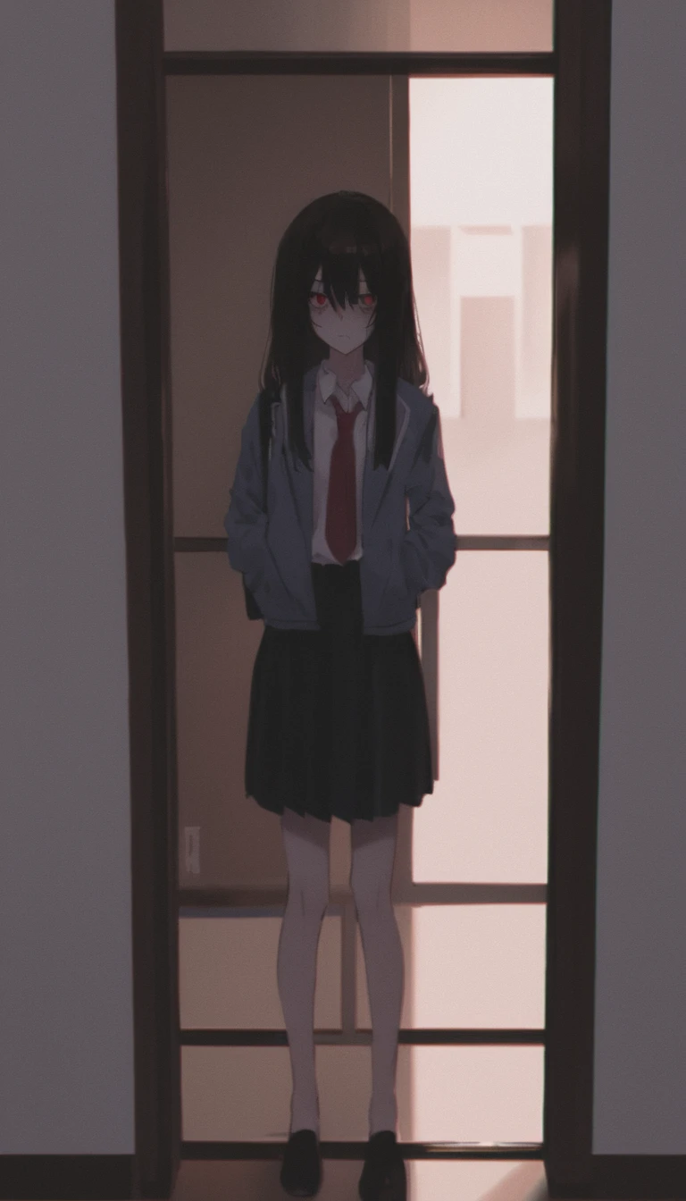 yandere woman, student aesthetics, is standing in front of the door, It&#39;s yandere. with a knife in his hand