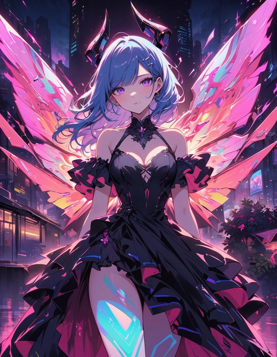 A futuristic cyberpunk girl with mechanical wings and devil horns, dressed in a black evening dress. She has blue hair with neon streaks, and she poses against the backdrop of a bright city. In the background is a simple urban landscape, flooded with neon lights in blue and pink tones, emphasizing the atmosphere of high-tech and science fiction. --ar 3:4 -stylize 1000 -niji 6